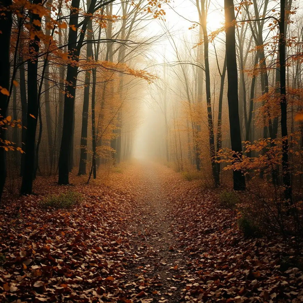 A misty autumn forest path covered in warm golden fallen leaves