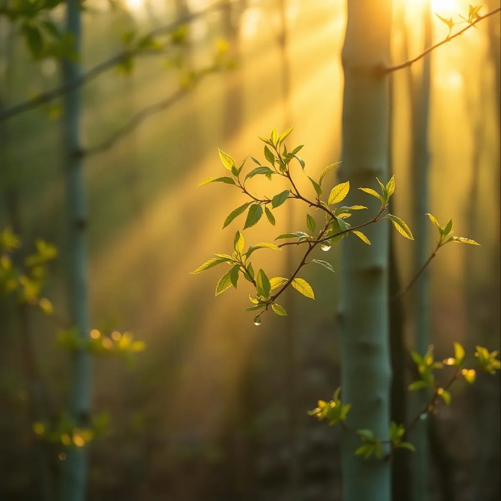 Soft golden sunlight filtering through tender green spring leaves in a quiet forest