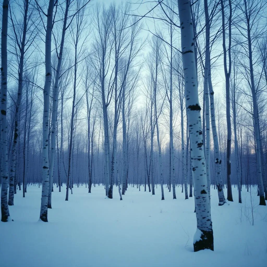 A still, snow-covered birch forest under soft blue winter light