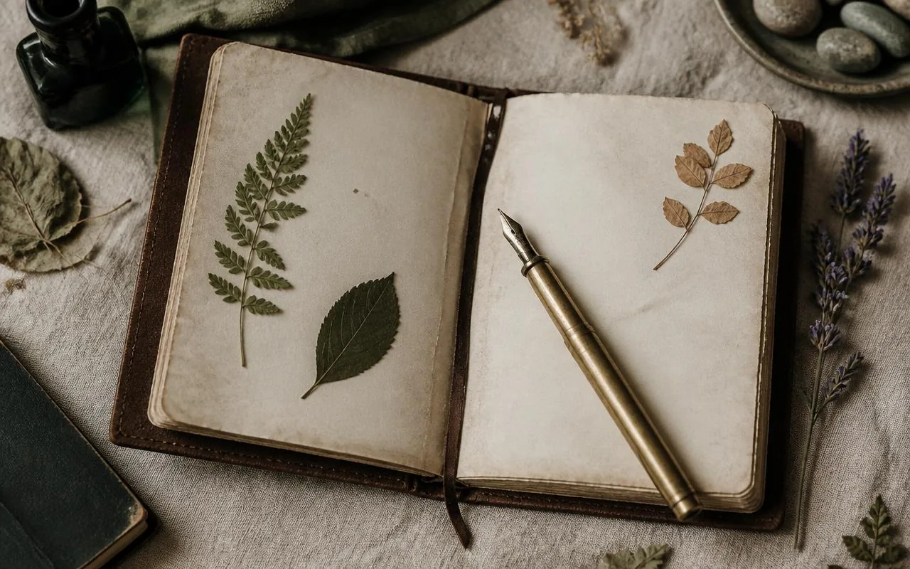 Open leather journal with a brass fountain pen and pressed leaves
