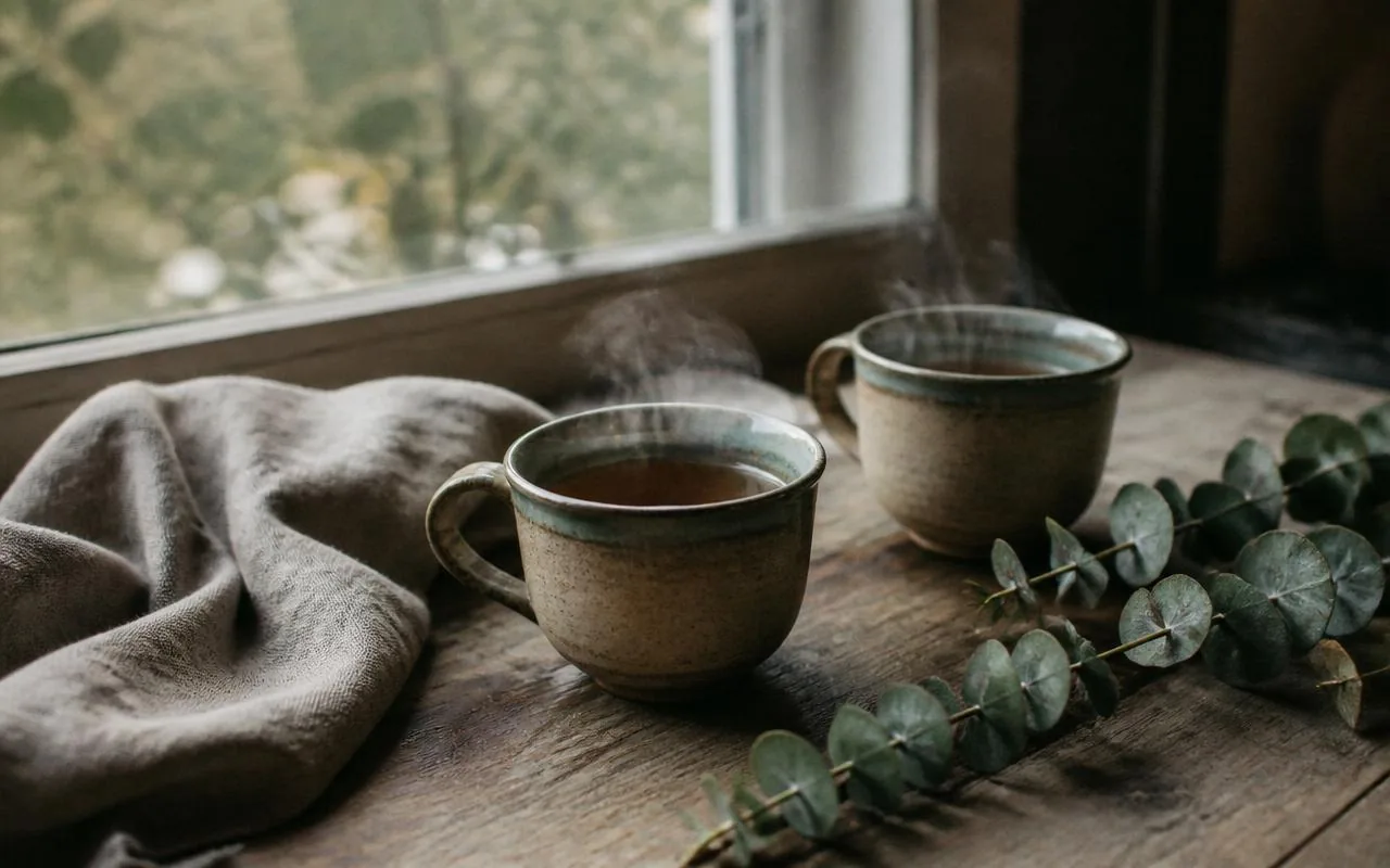 Two ceramic mugs of steaming tea on a wooden table by a window