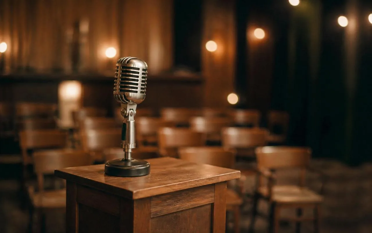 Vintage microphone on a wooden lectern in a warmly lit hall